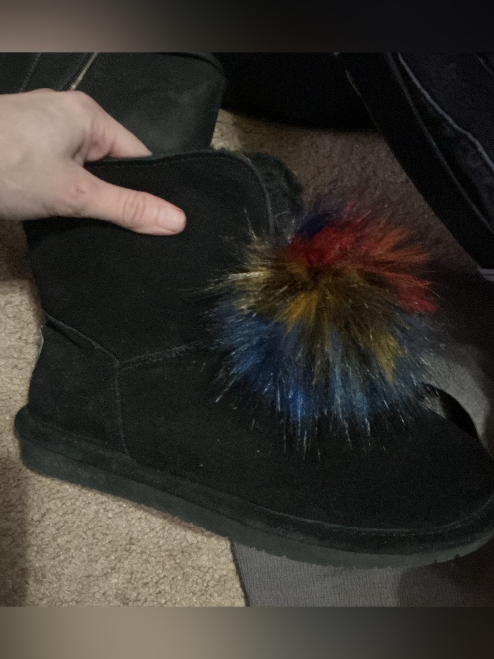 BearPaw Black Suede Slipper Boot with Multicolor Fur Pom